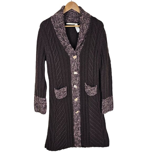 Chunky Cable Knit Long Wool Blend Sweater Coat S Brown Marled Trim Boho Hippie - Picture 1 of 11